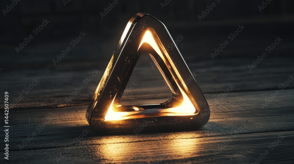 Poster a glowing triangular object sits on a wooden surface