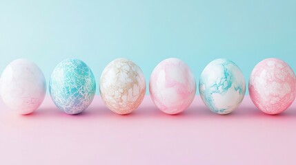 Fototapeta premium Marbled Easter eggs in soft pastel tones with elegant geometric patterns on a soft pink and blue background. Perfect for spring celebrations, holiday decorations, seasonal greeting cards.