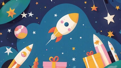 seamless pattern with rocket and stars
