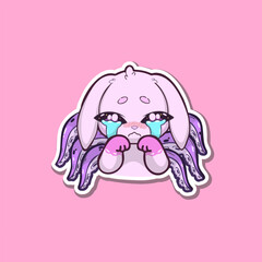Cute sticker. Crying bunny-octopus hybrid character with big teary eyes, pastel colors, and expressive emotional pose. Adorable cartoon style illustration with soft shading and clean lines