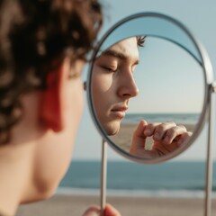 Young caucasian male reflecting on beach with circular mirror