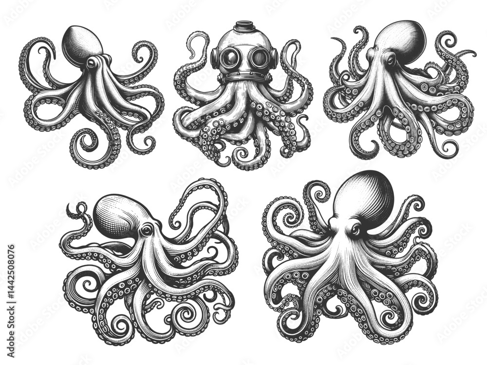 Poster octopus in various dynamic poses set collection bundle sketch engraving generative ai vector illustr