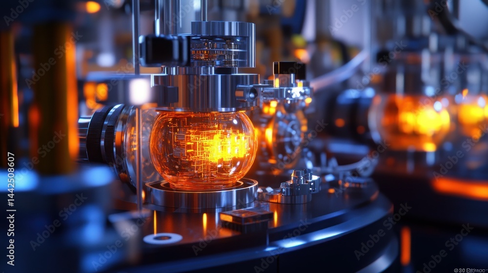 Poster an abstract high tech futuristic lab scene with glowing orbs