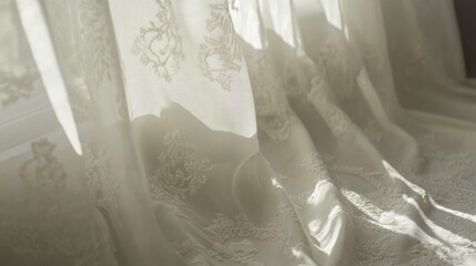 Elegant white curtains with intricate floral patterns near sunlight