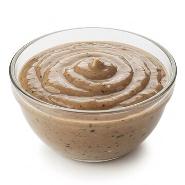 Liquid brown gravy in a glass bowl isolated on white background