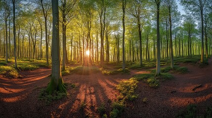 Naklejka premium Golden sunlight streaming through lush green spring forest trees art calm path park woods flora image