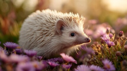 Obraz premium In a serene garden filled with colorful wildflowers, a white hedgehog explores its surroundings, searching for tasty morsels as the warm sun casts a gentle glow on the landscape