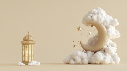 Elegant Ramadan Moon Stars Lantern Clouds 3D Render