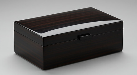 Elegant dark wooden box featuring a luxurious high-gloss lacquered finish, isolated against a dark, reflective background