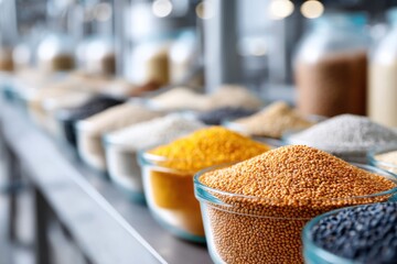Close-up view of colorful grain products in a vibrant manufacturing environment