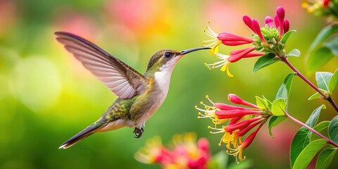 Naklejka premium Hummingbird Sipping Nectar from Honeysuckle Flower, serene landscape, insect life, serene landscape