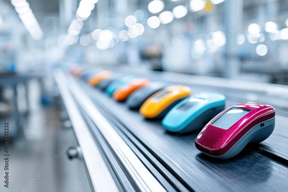 Poster colorful gps navigators on a production line in a bright factory setting with ample workspace