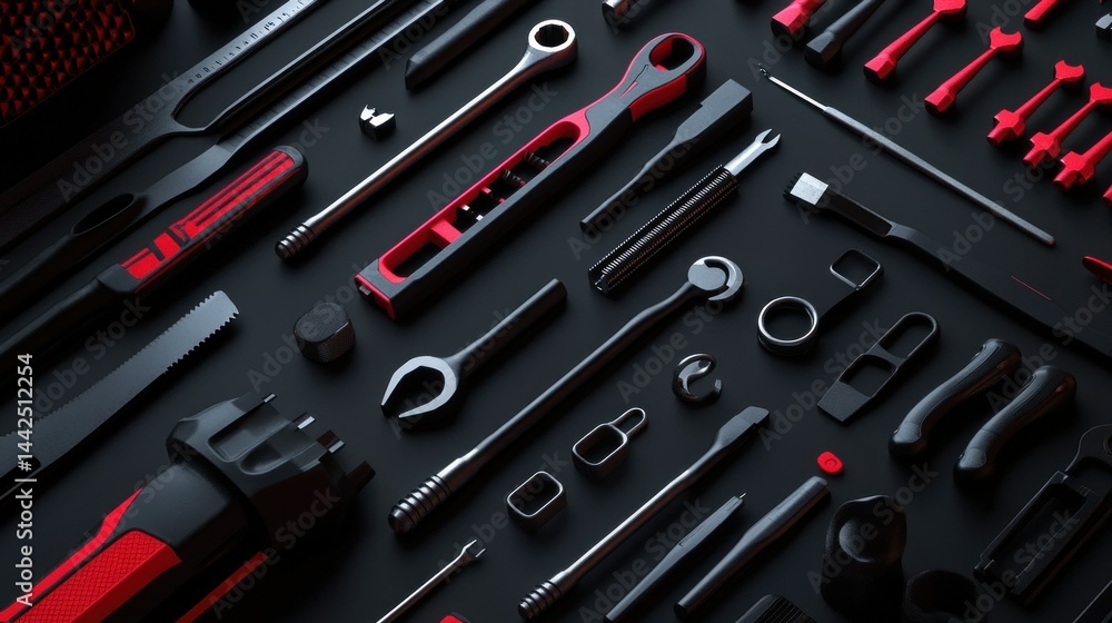 Poster various tools are arranged on a black background in a pattern