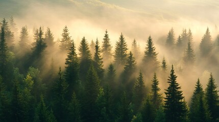 Misty mountain forest sunrise golden light rays through trees fog sky view calm pine blue dawn woods