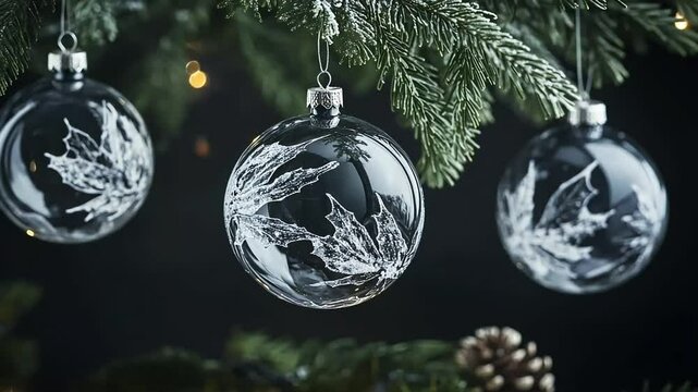 Etched glass ornaments hanging on fir tree branch, bokeh background, Christmas decor