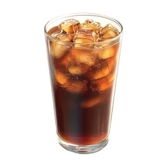 Refreshing brown soda drink with ice cubes in a tall glass