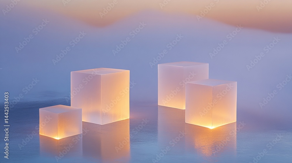 Poster translucent illuminated cubes of varying sizes and reflections on a surface