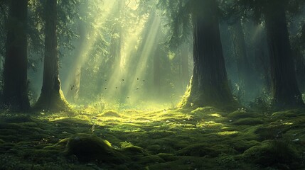 Obraz premium Magical sunlit forest scene with lush green moss and tall trees art dark calm mood woods light image