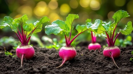 Vibrant radish sprouts in a garden bed
