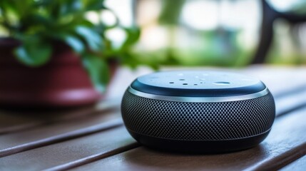 A smart home voice assistant sits next to a green plant