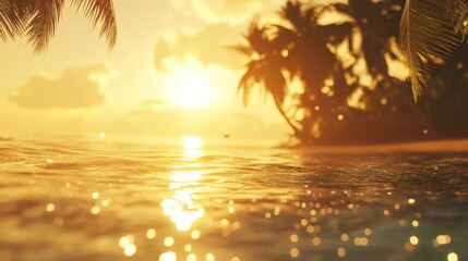 A beautiful beach scene at sunset with palm trees and water