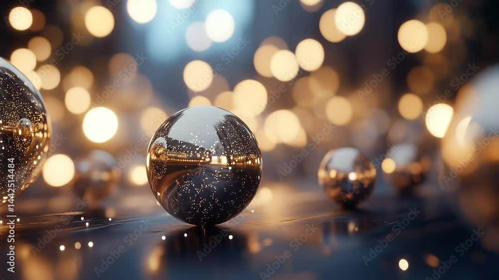 Poster glass orbs reflecting light surrounded by warm, blurred bokeh lights in the background. the orbs cre