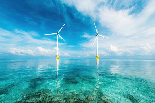 Offshore wind turbines in aquamarine waters under bright sky - Powered by Adobe