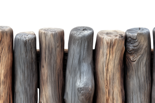 Closeup View Of Aged Wooden Fence Posts On Transparent Background