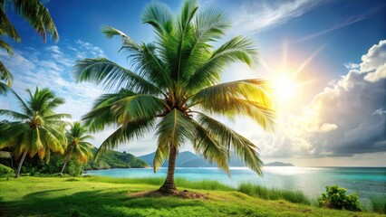 Fototapeta premium Palm Tree in Tropical Landscape, island getaway, greenery, island getaway, greenery, relaxing