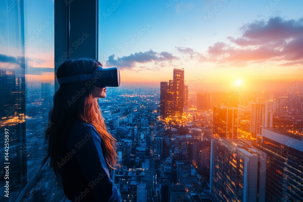 Poster an office worker, who is a woman, wears a vr helmet to use a virtual reality display that is enhance