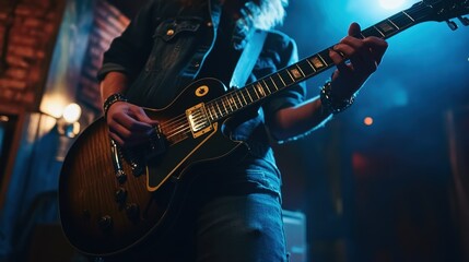 Obraz premium A musician playing an electric guitar on a stage