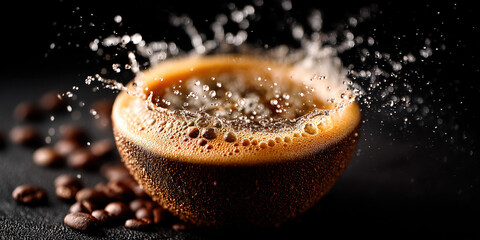 An engaging representation of splashing coffee cup with roasted beans, ideal for creative, commercial, or editorial purposes.