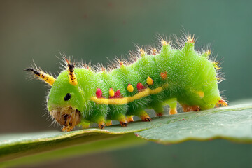 Naklejka premium Close up green caterpillar on leaf macro photography insect nature wildlife animal crawling arthropod fauna