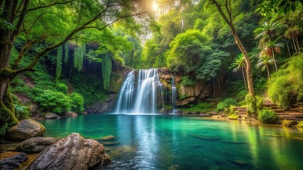 Forest Landscape with Waterfall and Pool, landscape, waterfall,  landscape,waterfall, outdoors, natural beauty, calming