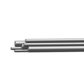 png white background illustration of chrome tube and metallic stack with round plastic pipe and steel tubing in industrial factory use for construction and engineering with three-dimensional design

