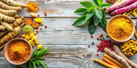 Vibrant turmeric roots surrounded by various adaptogenic herbs like ashwagandha and rhodiola on a light wooden background, adaptogen, vibrant colors