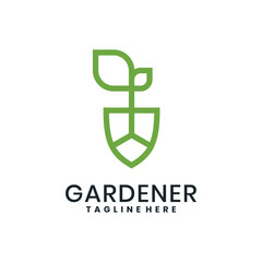 Minimalist gardener logo with green leaves and shovel shield