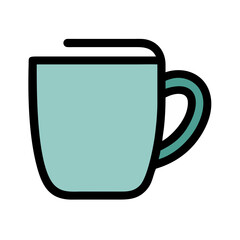 Simple graphic of a steaming hot coffee mug. A stylized, flat icon of a coffee mug filled with hot beverage, emitting steam.