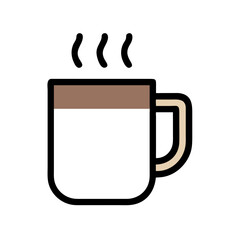 Simple graphic of a steaming hot coffee mug. A stylized, flat icon of a coffee mug filled with hot beverage, emitting steam.