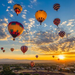 Hot Air Balloon Festival at Sunrise with Colorful Balloons Filling the Sky: Premium AI Art Concept for Posters, Banners, and Wallpapers