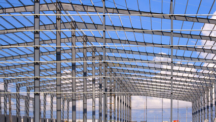 Geometric metal columns and roof beam structure of industry warehouse factory building in...