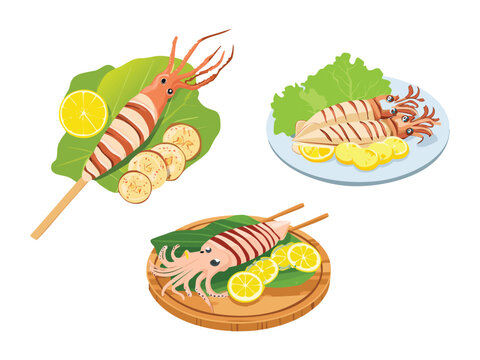 vector illustration of a filipino food Inihaw na Pusit (Grilled Squid)