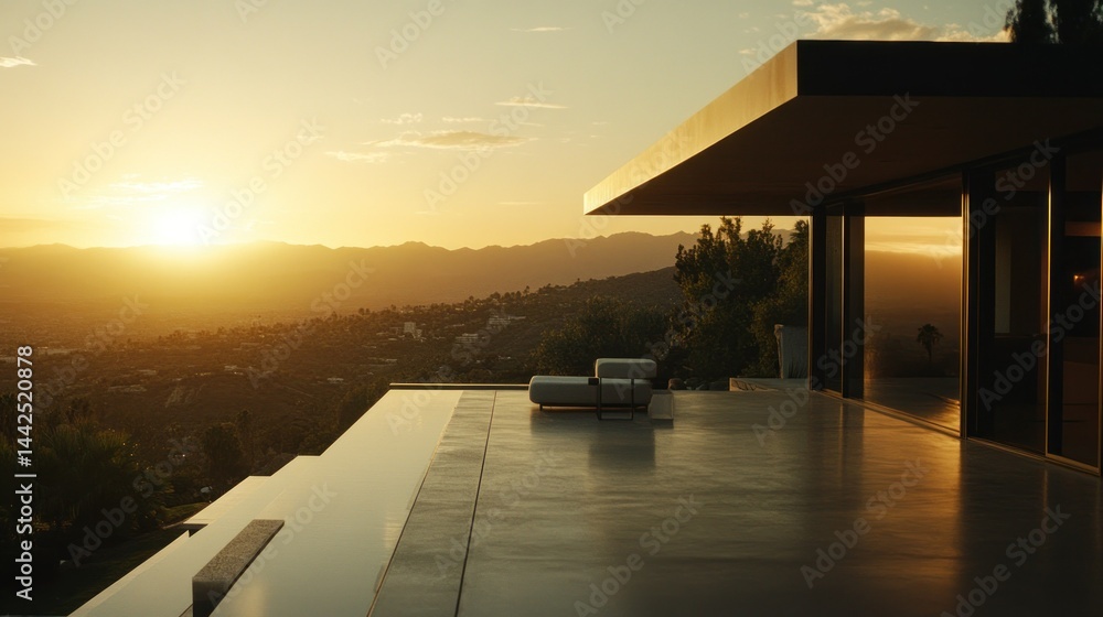 Poster luxurious modern residence with open view of the setting sun