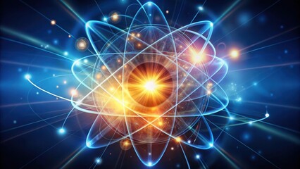 Obraz premium A stylized representation of an atom with glowing atomic particles radiating from its core, physics, atom