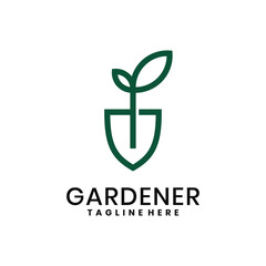 Minimalist gardener logo with leaf and shovel symbol