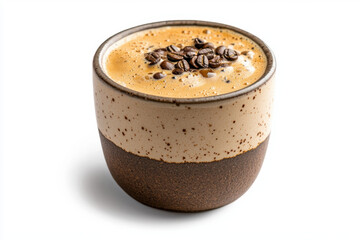 Isolated rich espresso shot in small ceramic cup elegant setting close-up photography minimalist environment with warm tones intimate viewpoint emphasizing sophisticated coffee experience