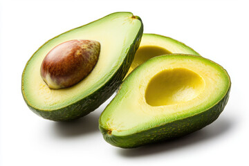 Isolated sliced avocado with vibrant green flesh and seed on white background for culinary inspiration food photography minimalist environment top-down view