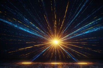 Naklejka premium Dark blue neon light with rays of gold abstract night empty scene