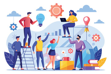 Illustration of a diverse team collaborating in a modern office setting, discussing creative ideas and innovation. The concept of teamwork, technology, and productivity is vividly depicted.