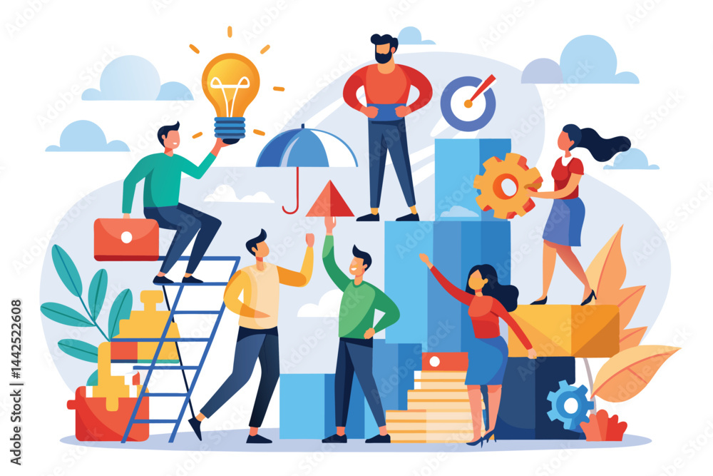 Aufkleber illustration of a diverse team brainstorming and collaborating on innovative ideas. conceptual image